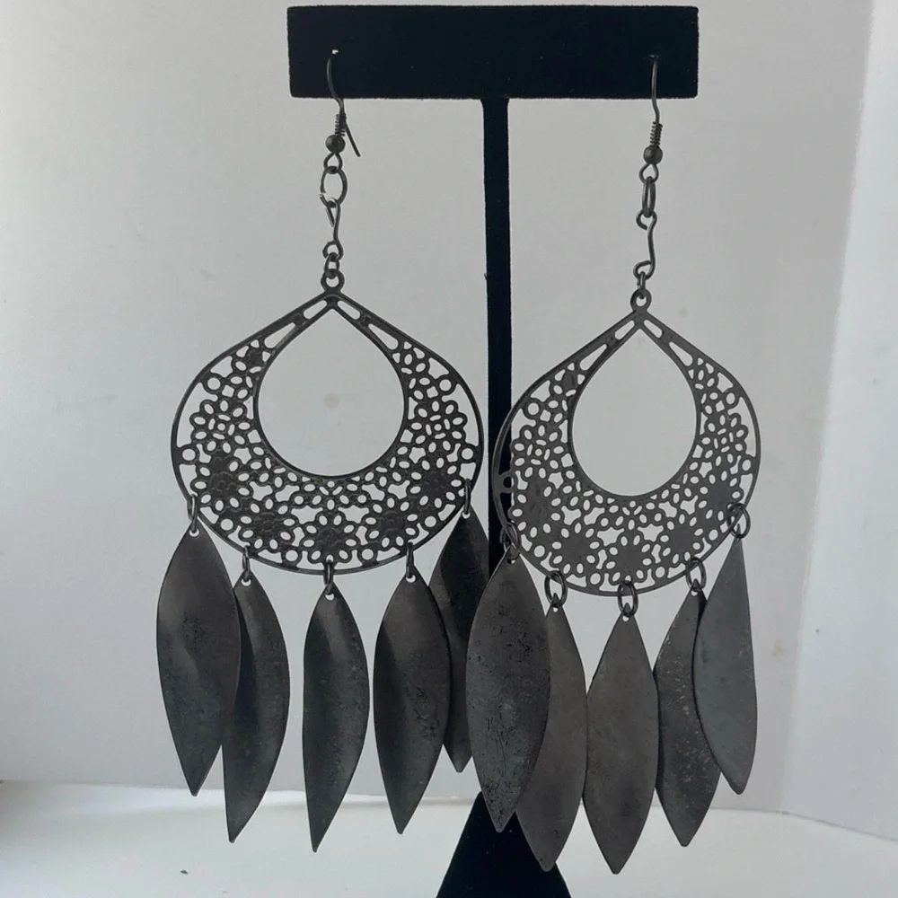 Giant Silver Filigree Leaf Chandelier Earrings‎ - 6 Inch Boho Statement